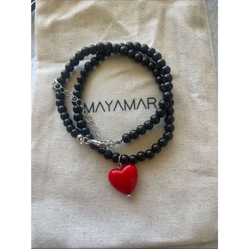 Black Beaded Necklace with Red Heart Pendant - Women Jewelry